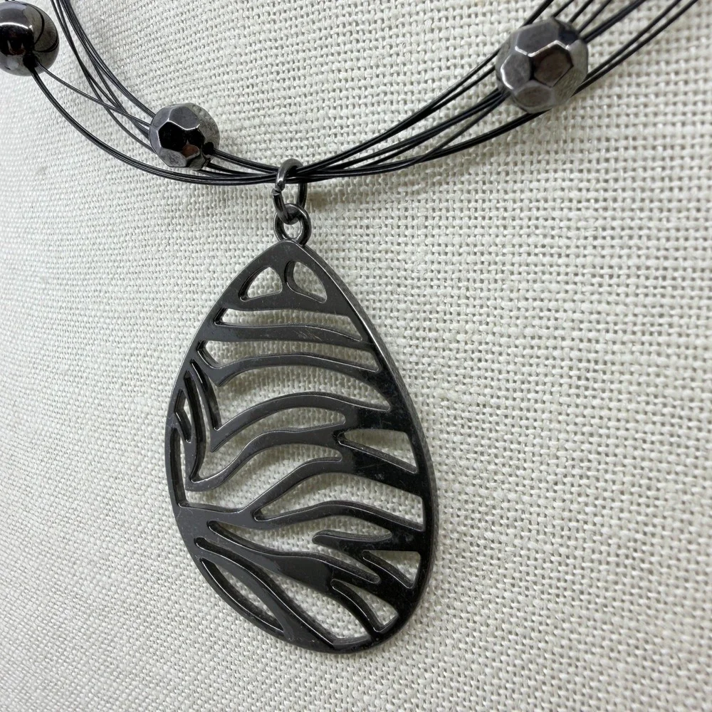 Gunmetal Zebra Teardrop Pendant Multi Strand Wire Necklace Statement Jewelry
